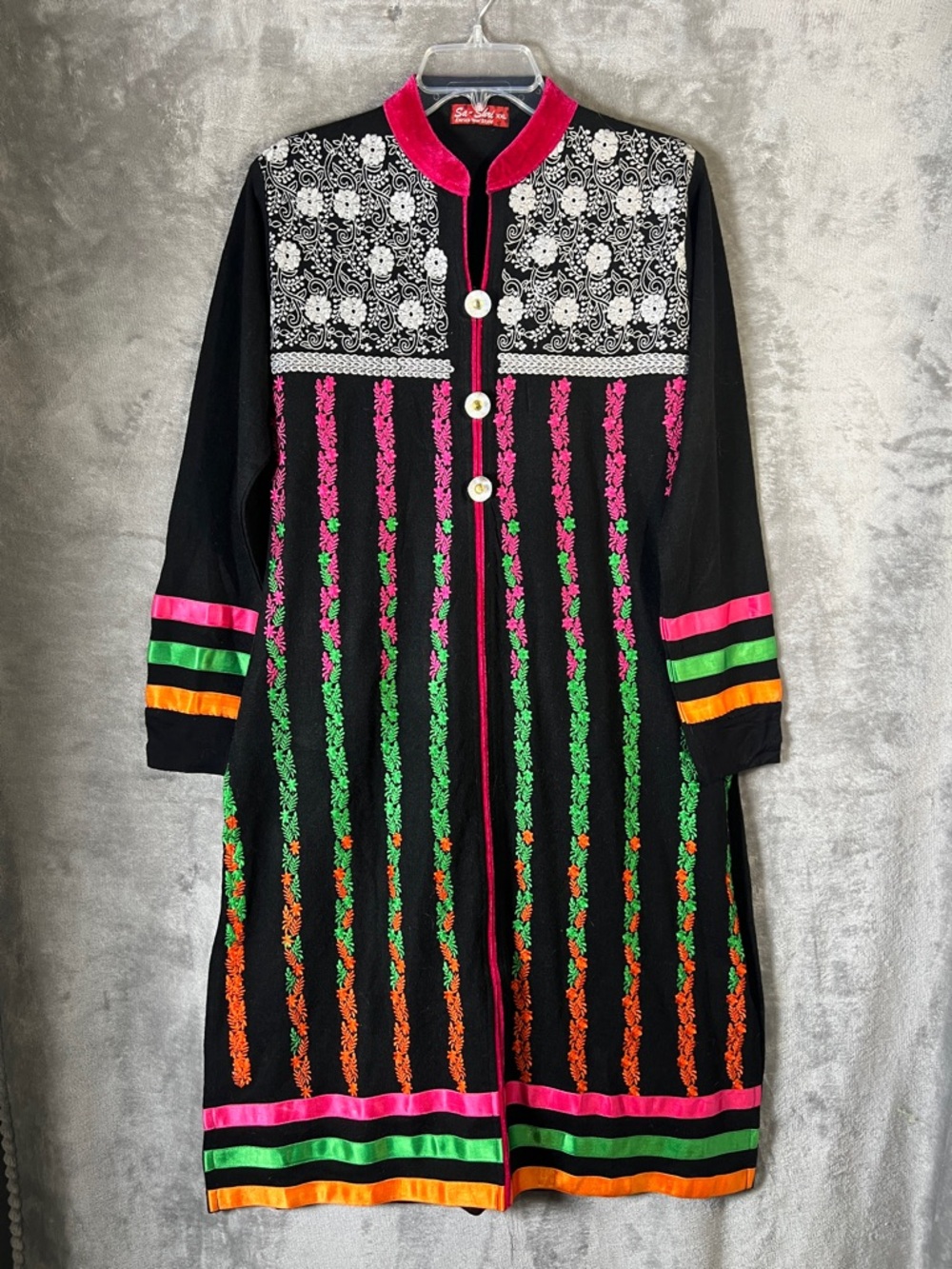 Black Embroidered Long Coat with Neon Trim